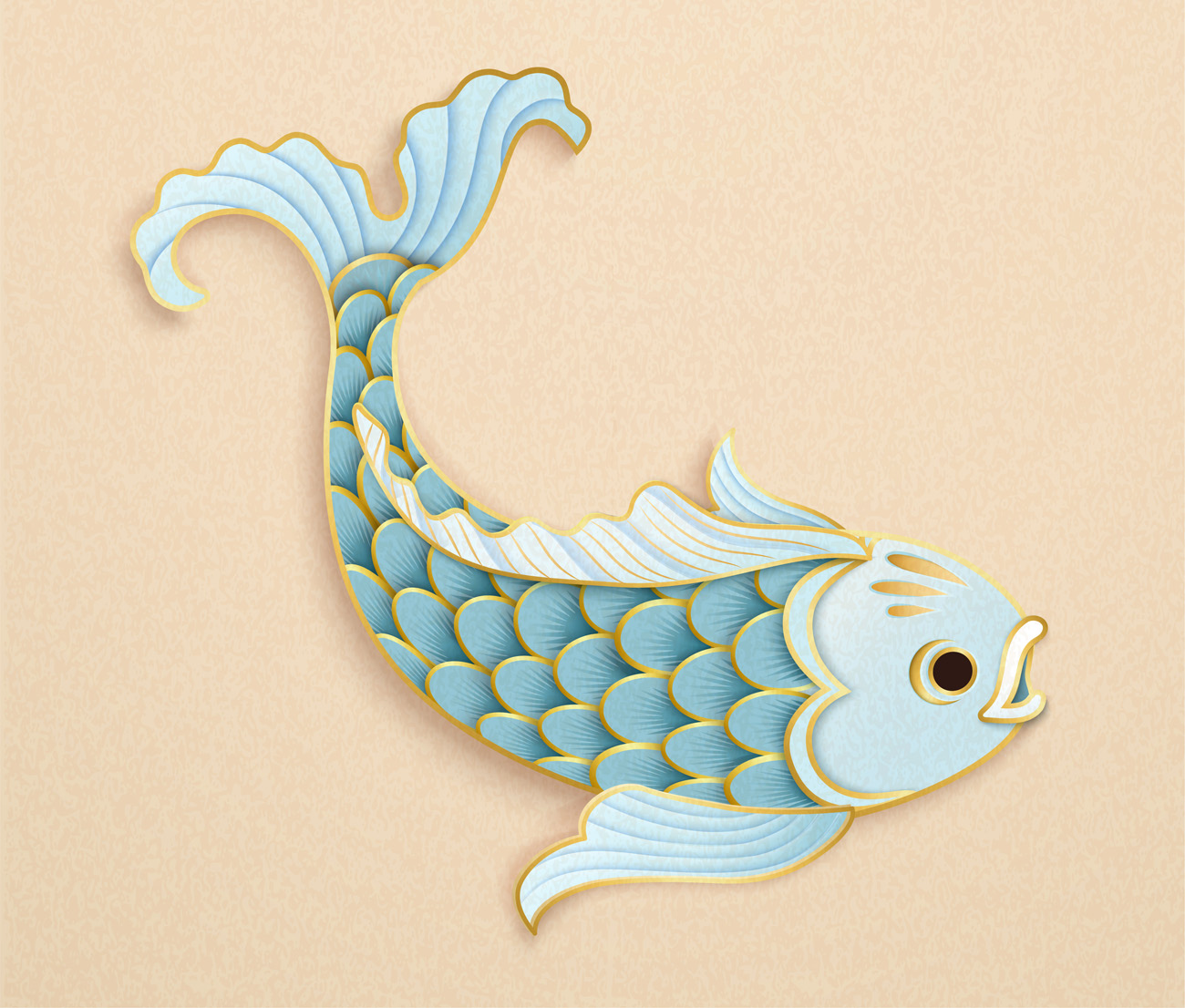 剪纸艺术风格的浅蓝色金鱼和金元宝中国风元素新年传统横幅海报矢