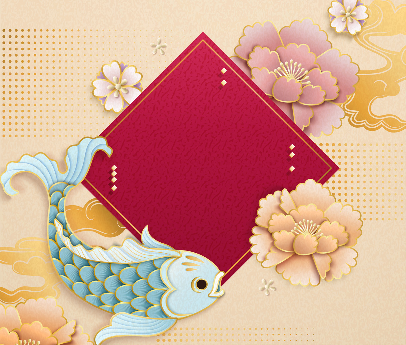 可爱的浅蓝色鱼在剪纸艺术风格与空白的春联和牡丹中国风元素新年