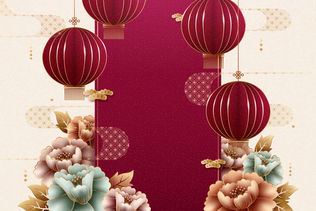 中国风格的纸艺红灯笼和牡丹背景中国风元素新年传统横幅海报矢量