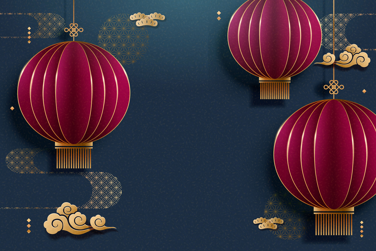 剪纸艺术风格的红灯笼蓝色背景中国风元素新年传统横幅海报矢量素
