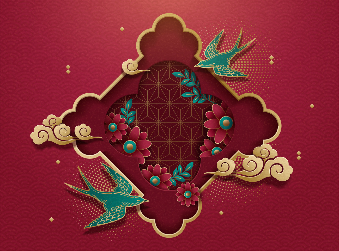 剪纸艺术镂空燕子和花朵装饰背景春节中国风元素新年传统横幅海报