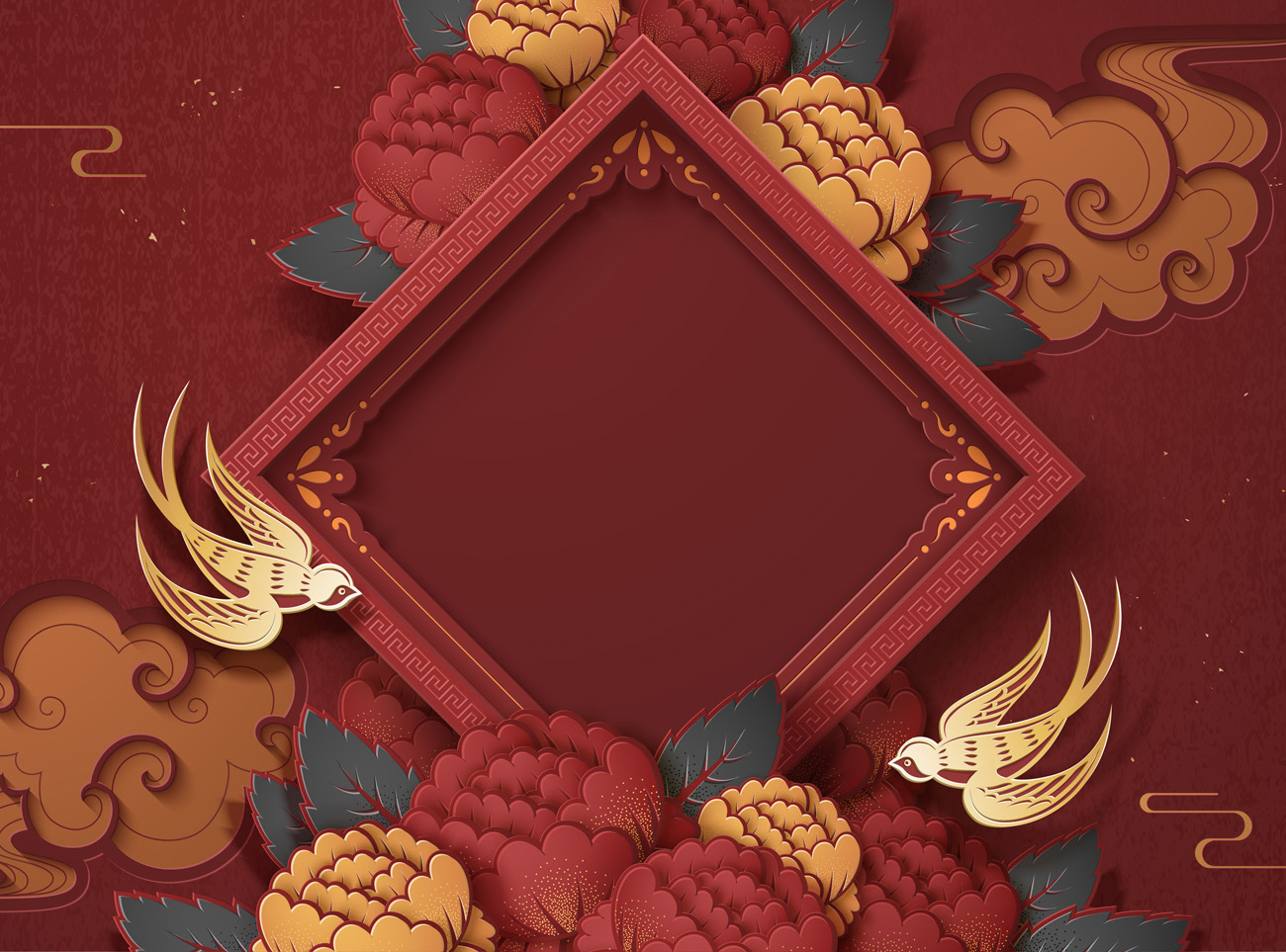 新年设计的空白春天对联和牡丹花朵背景中国风元素新年传统横幅矢