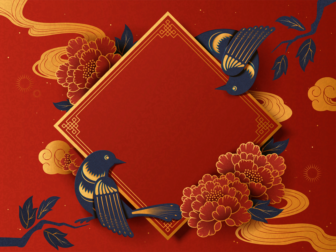 剪纸风农历年传统空白春联与燕子红色背景中国风元素新年传统横幅
