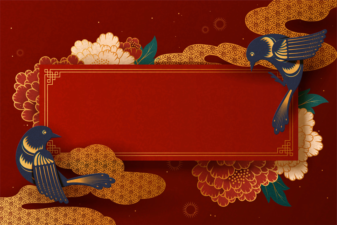 剪纸风农历年传统空白春联与燕子红色背景中国风元素新年传统横幅