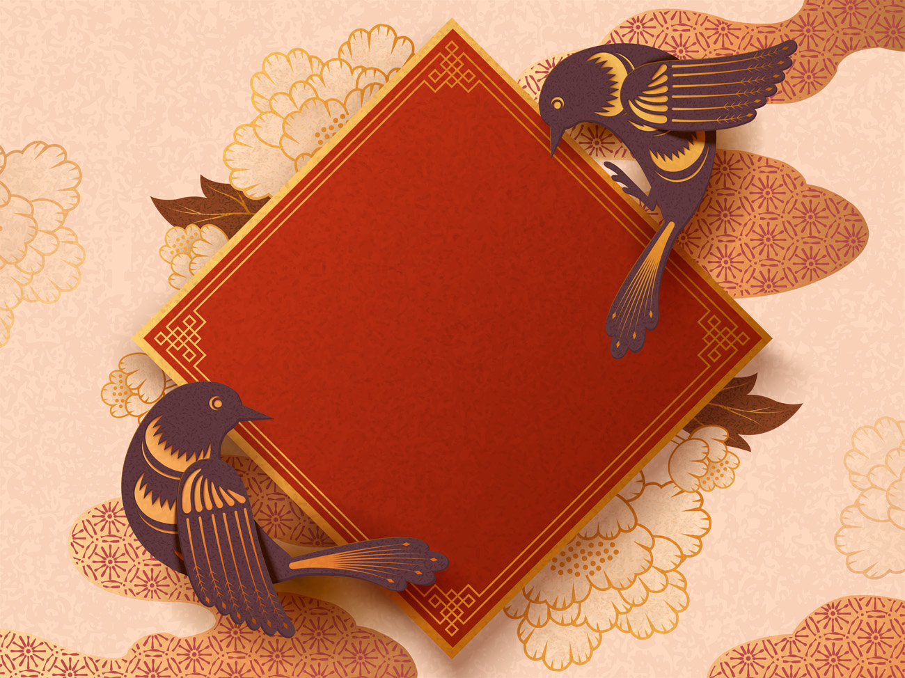 剪纸风农历年传统空白春联与燕子金色背景中国风元素新年传统横幅