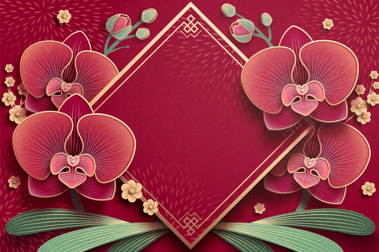 优雅的兰花和空白春天对联红色背景中国风元素新年传统横幅矢量背