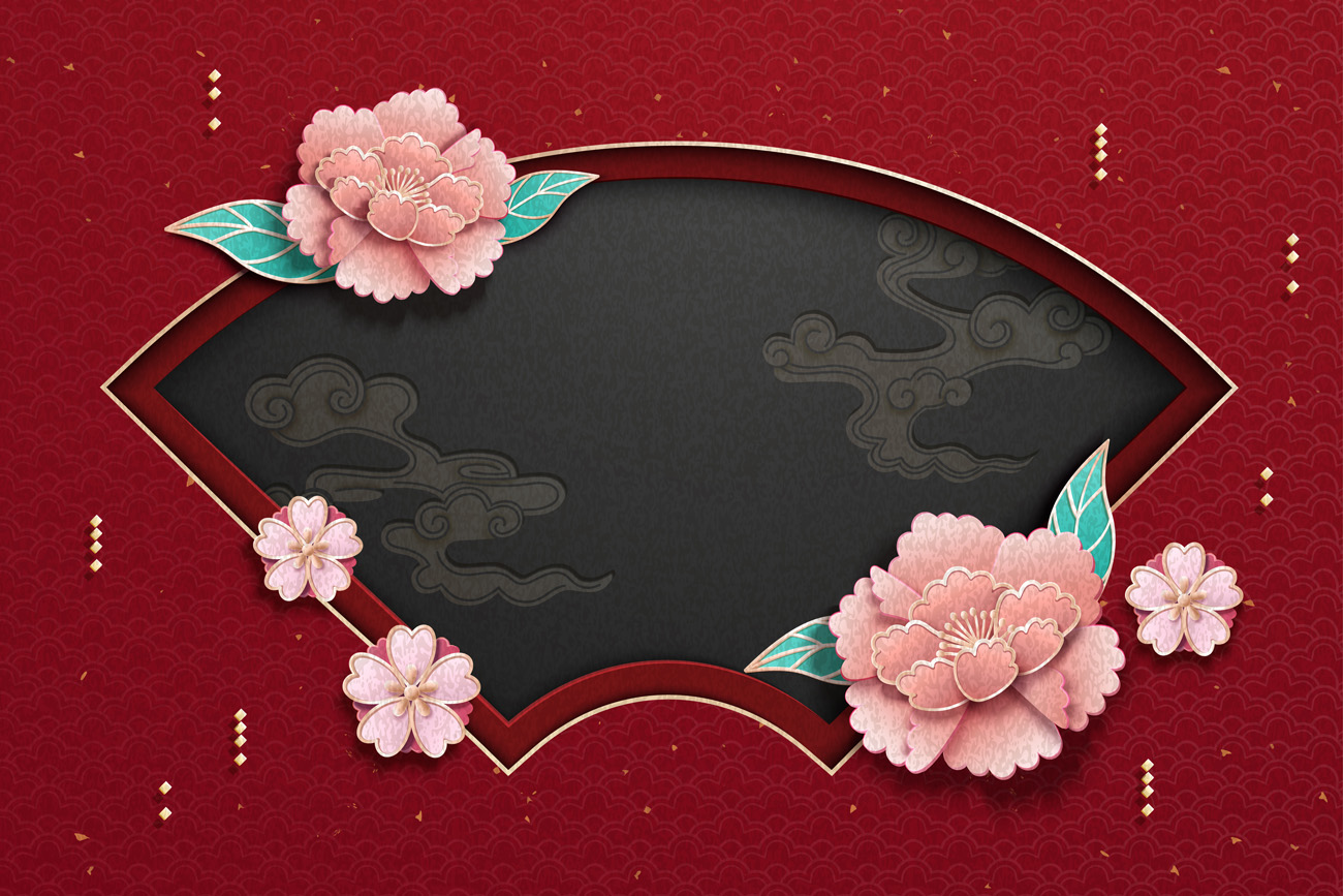 农历新年贺卡与牡丹装饰剪纸艺术中国风元素新年传统横幅矢量蓝色