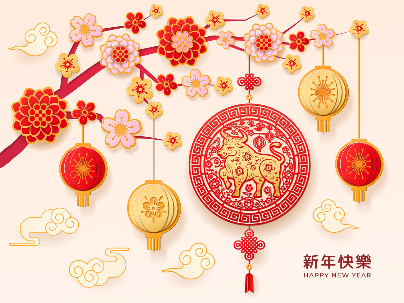 2021年中国风桃花花朵中的金色牛传统新年EPS矢量插画贺卡