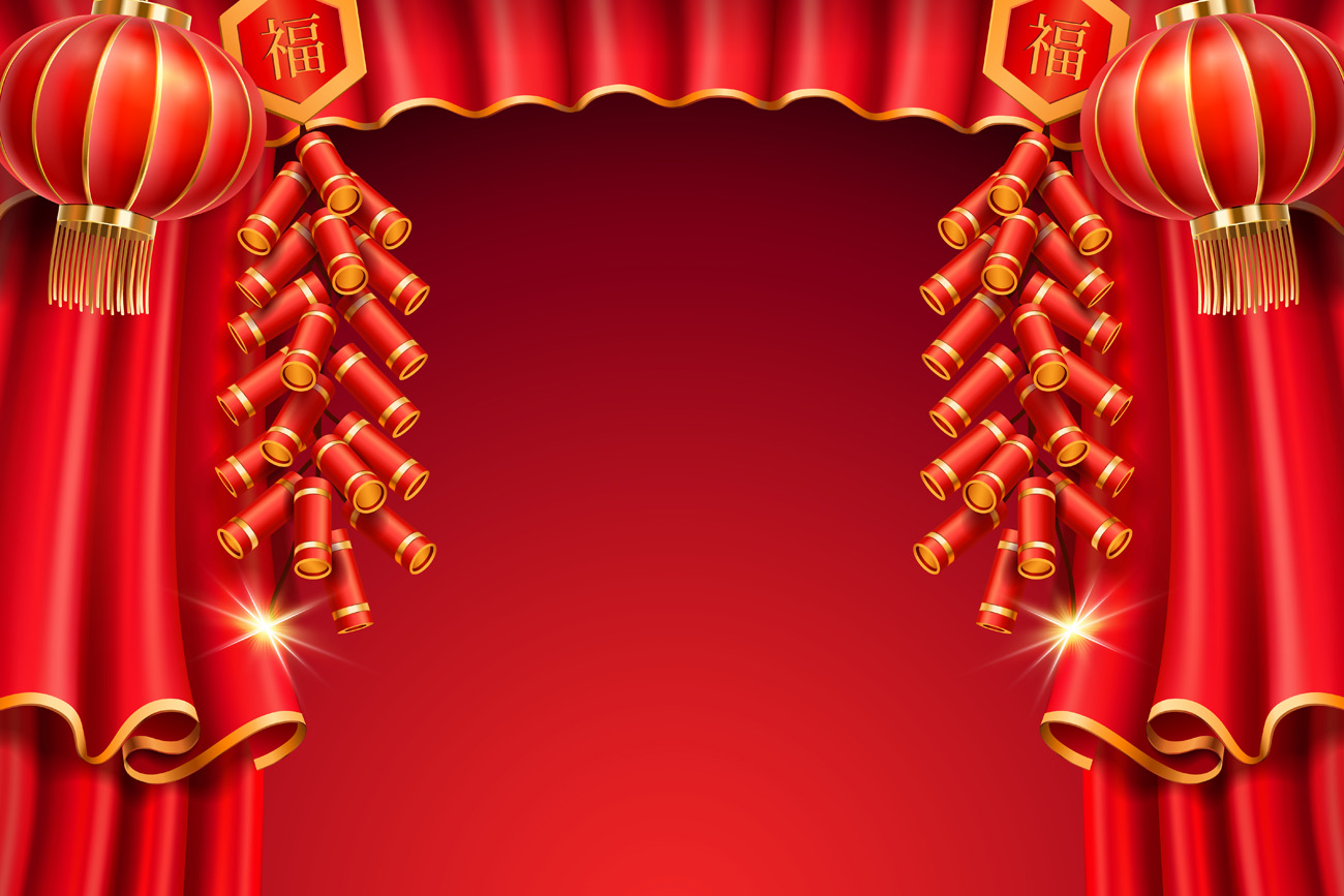 东方中国日式传统经典新年节日窗帘烟花鞭炮装饰元素矢量素材