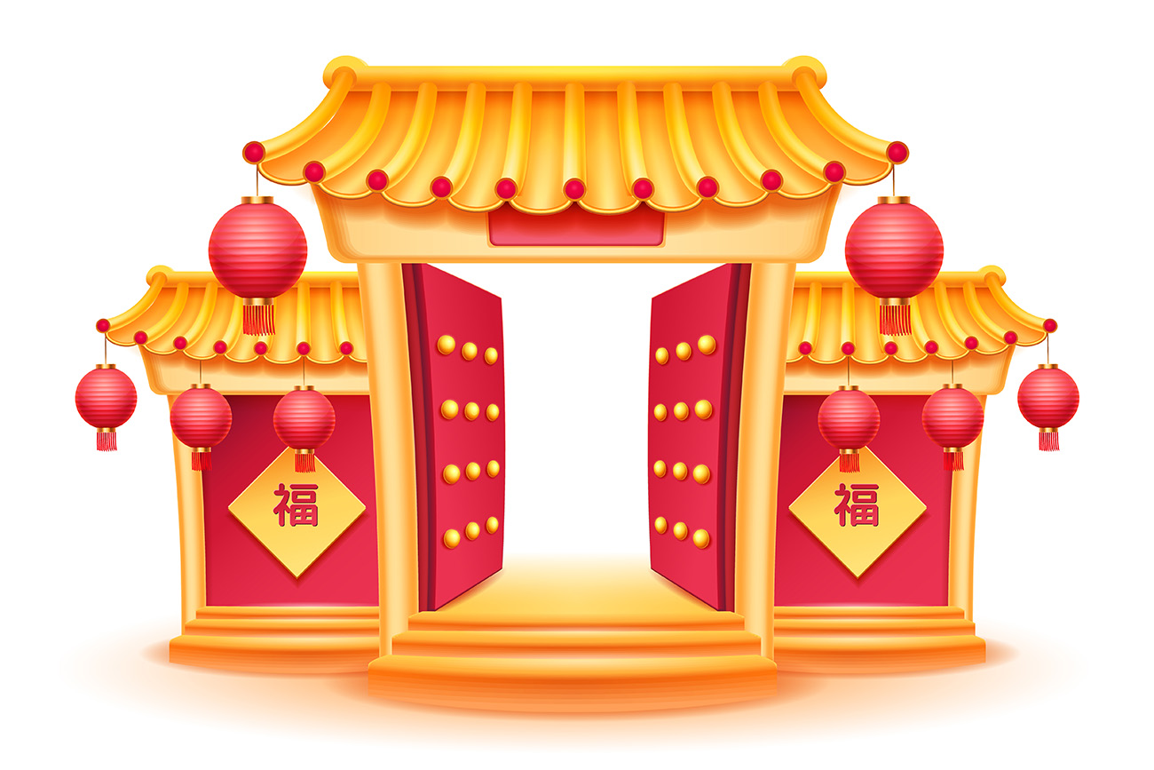 城门庙门院落大门东方中国日式传统经典新年节日装饰元素矢量素材