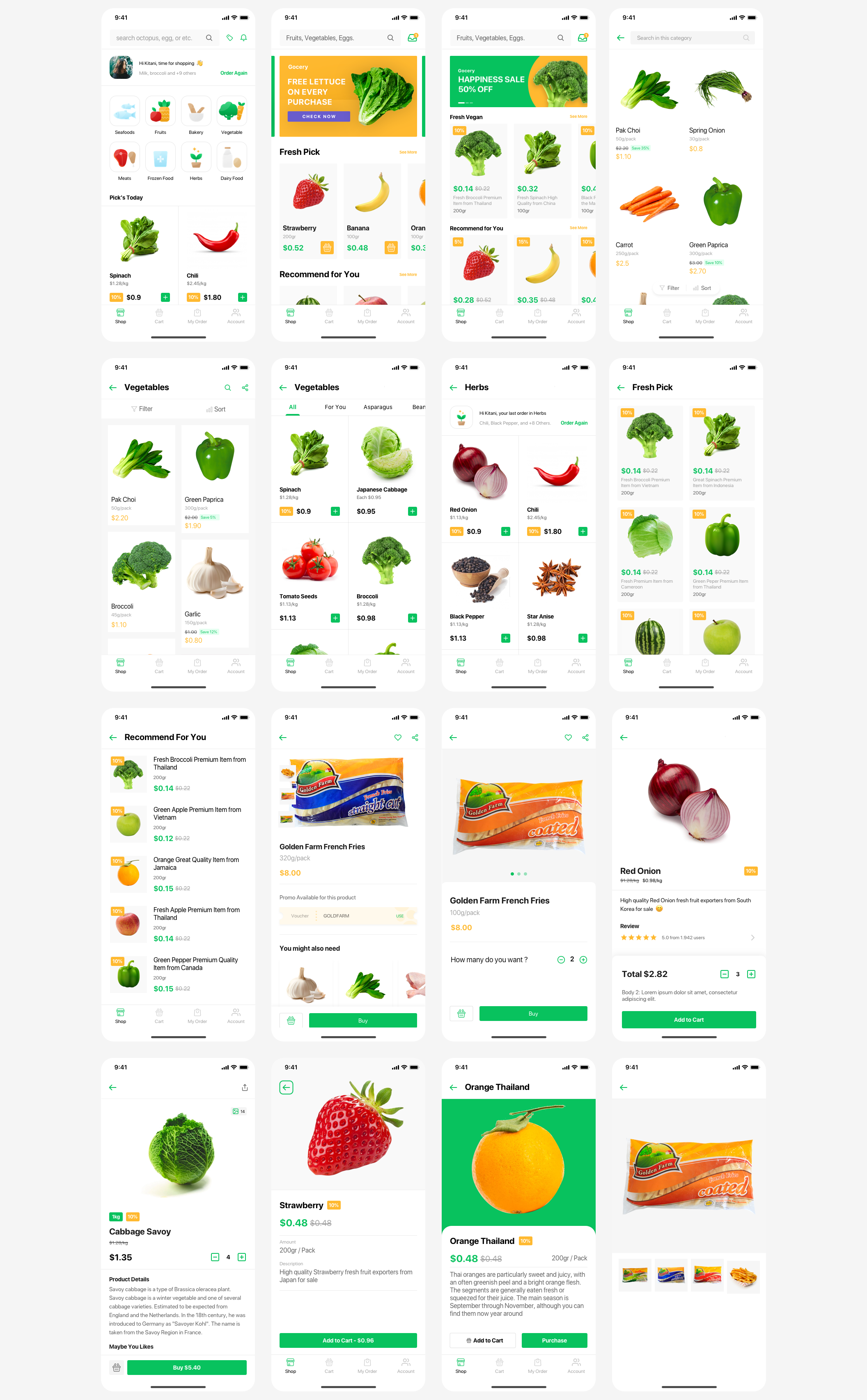 绿色水果食品杂货超市在线订货送货移动APP界面UI素材 Go