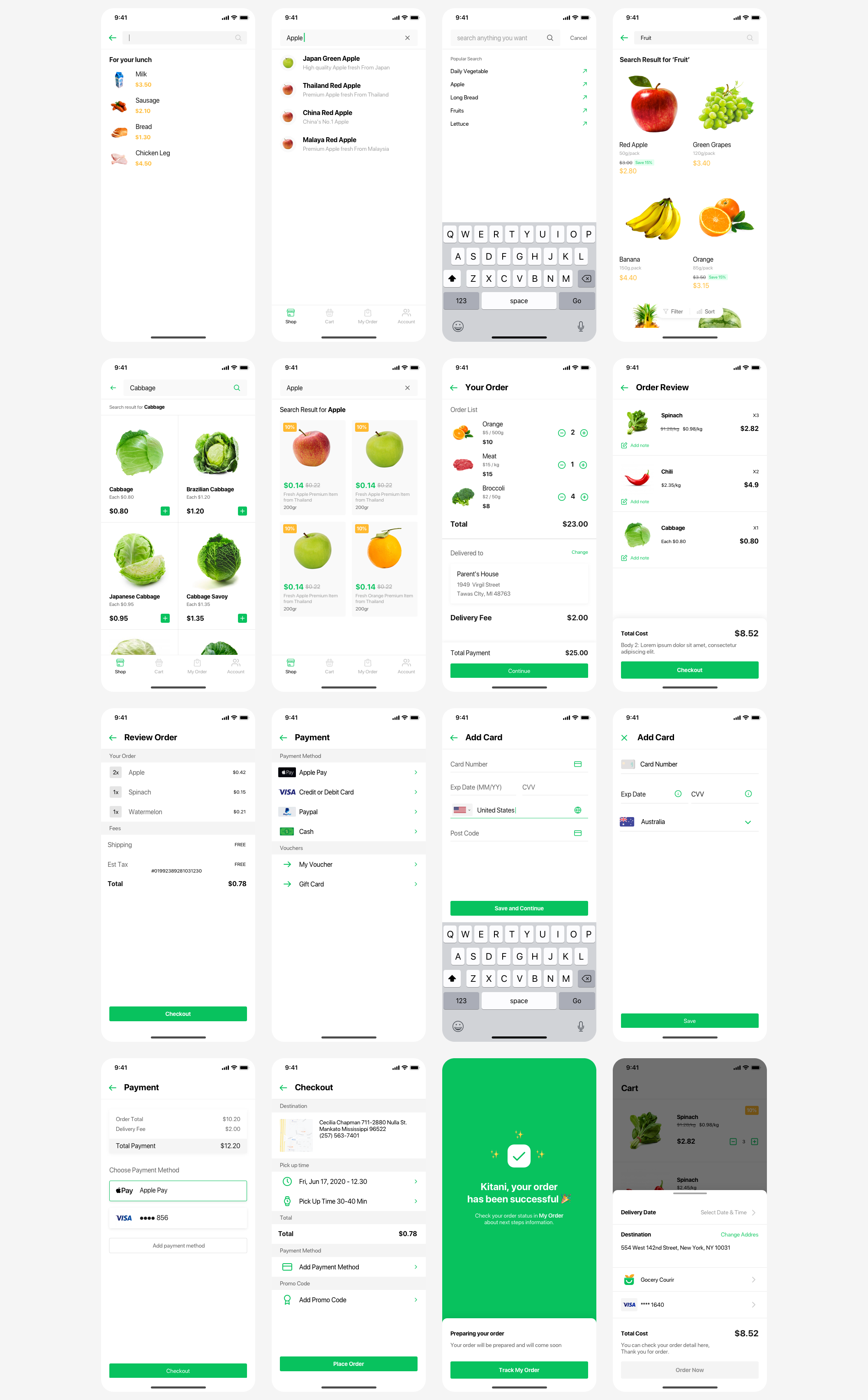 绿色水果食品杂货超市在线订货送货移动APP界面UI素材 Go