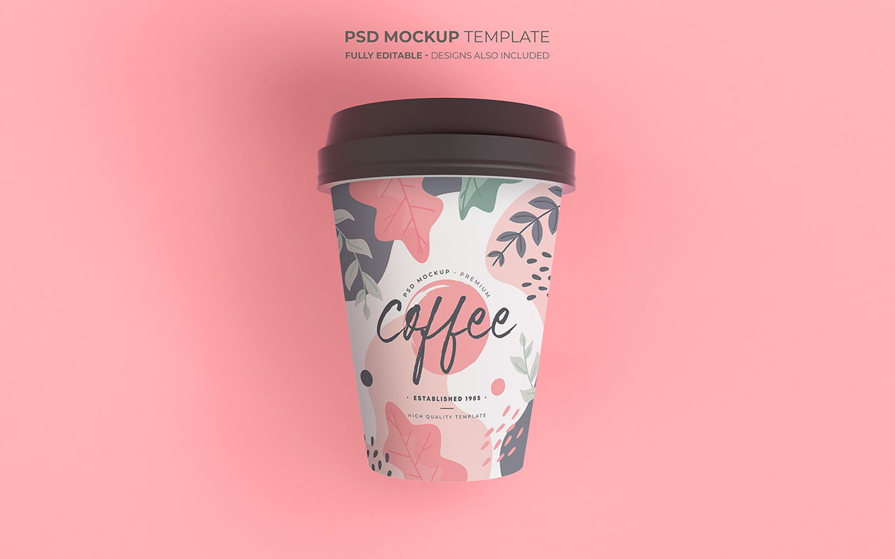 饮料咖啡纸质带盖茶杯品牌包装设计提案PSD样机模板 Coff
