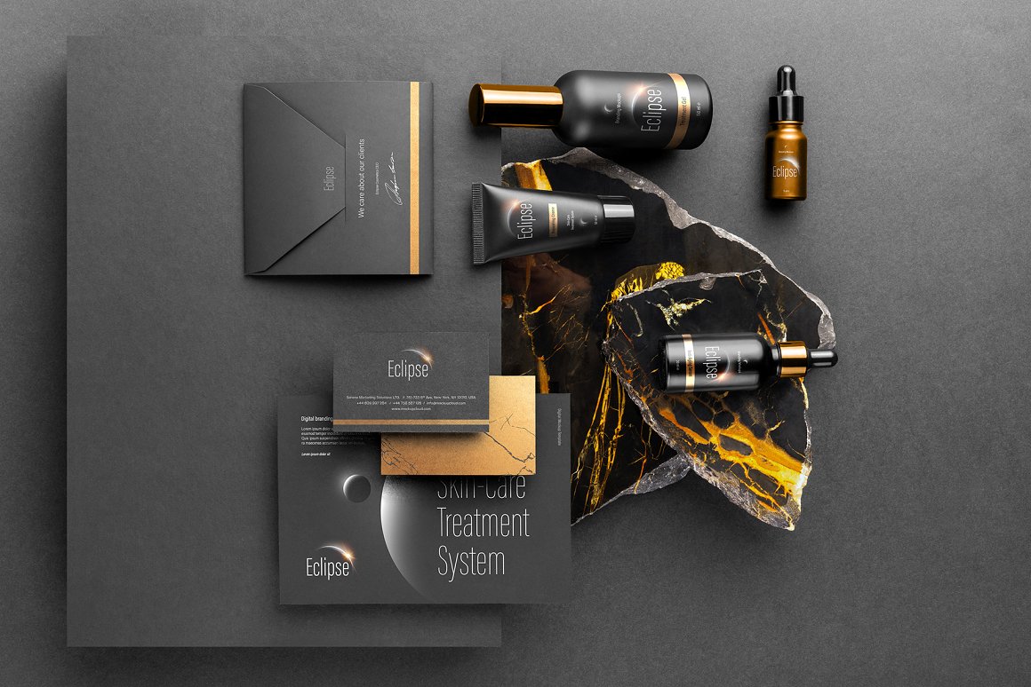 高端黑金精油喷雾化妆品品牌设计提案样机模板 Eclipse