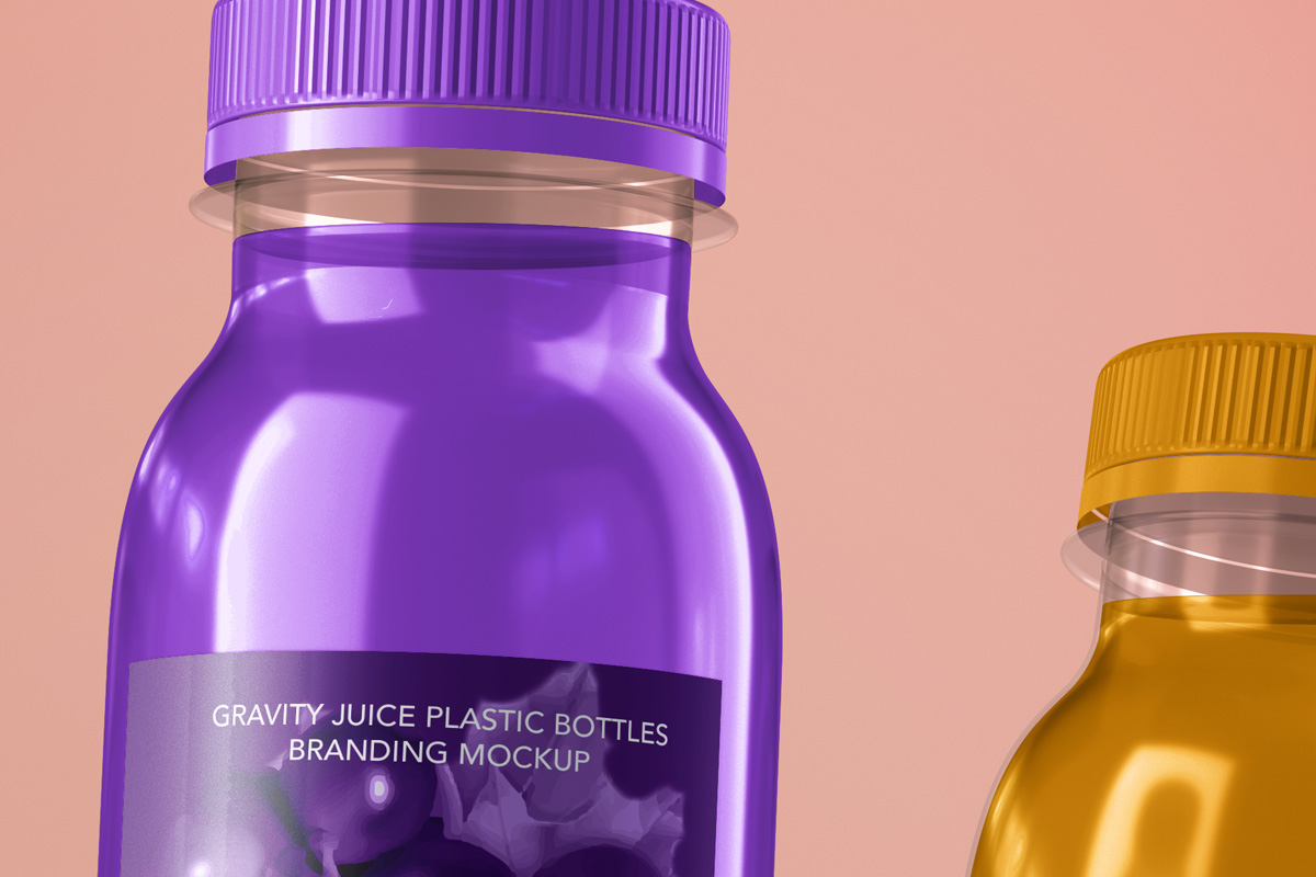 悬空的果汁饮料塑料瓶装包装设计样机模板 Gravity Ju