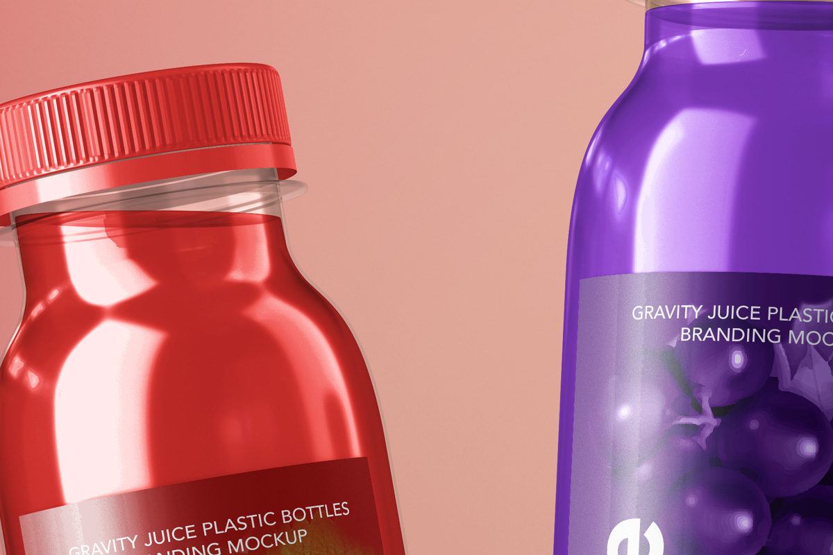 悬空的果汁饮料塑料瓶装包装设计样机模板 Gravity Ju