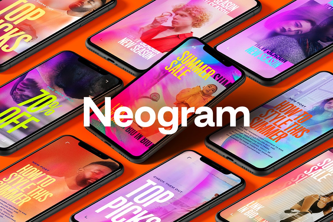 潮流霓虹幻彩配色品牌推广新媒体海报排版模板素材 Neogra