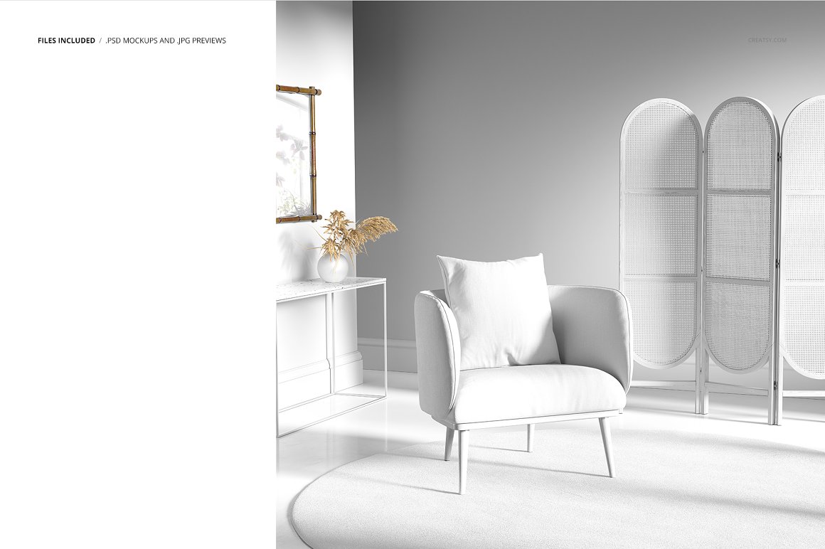 日式室内装修设计提案桌子沙发花瓶踢脚线设计提案样机模板 In