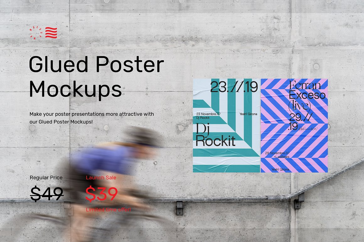 城市街头广告褶皱效果海报传单设计样机模板 Glued Pos