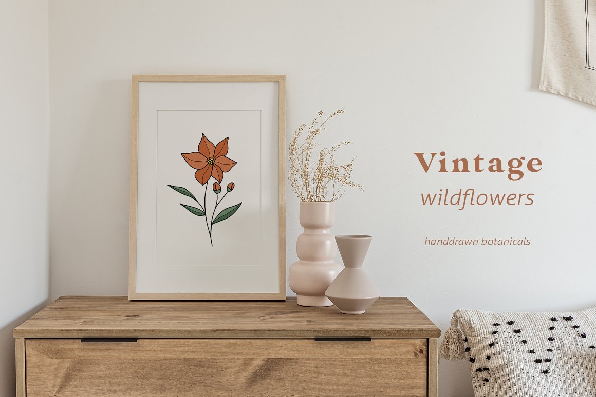 波西米亚复古花卉绿植线条艺术徽标装饰插画元素 Wildflo