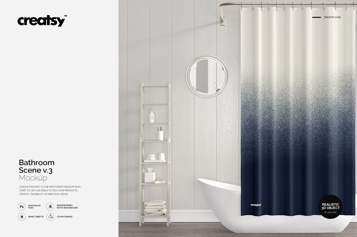 洗浴帘子毛巾浴缸浴室装修设计贴图样机模板 Bathroom