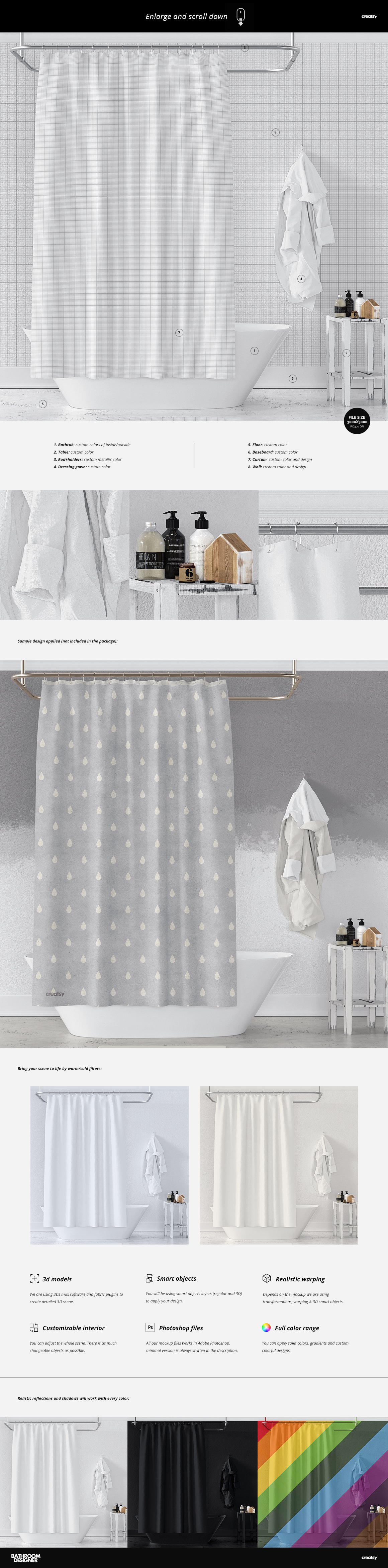 洗浴帘子毛巾浴缸浴室场景装修设计贴图样机模板 Bathroo