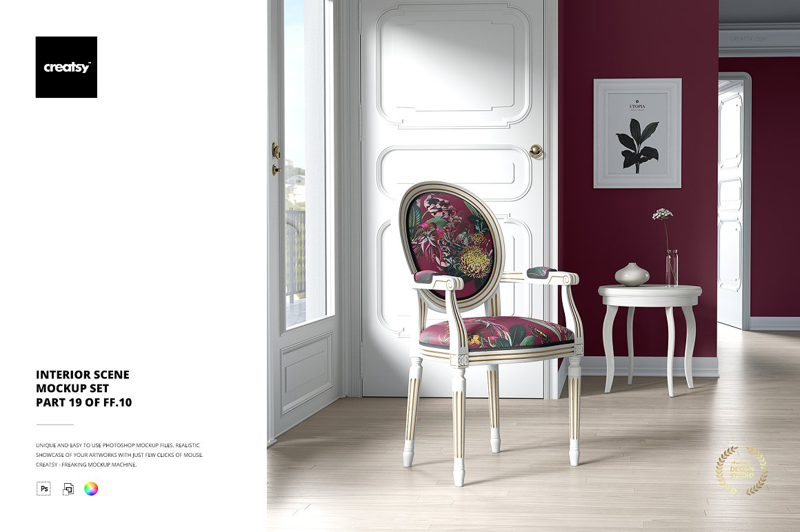 室内设计欧洲复古椅子靠背图案设计展示样机模板 Interio