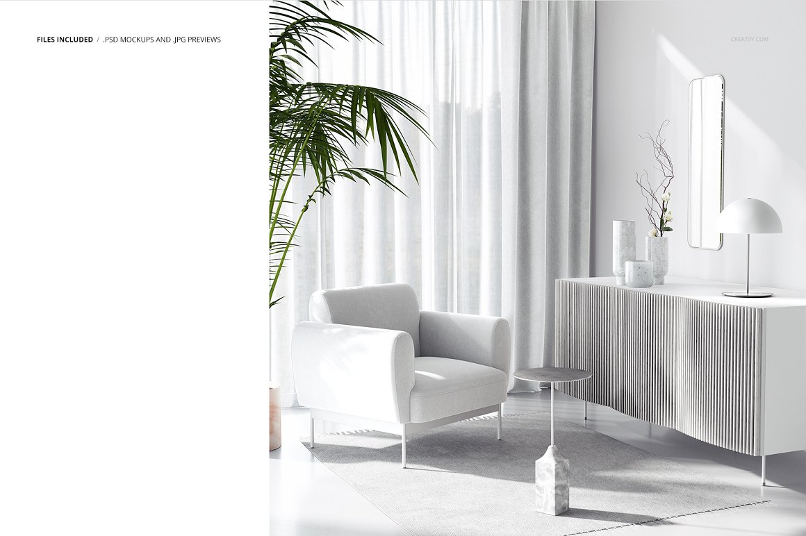 室内设计墙壁地毯扶手沙发场景展示样机PSD模板 Interi