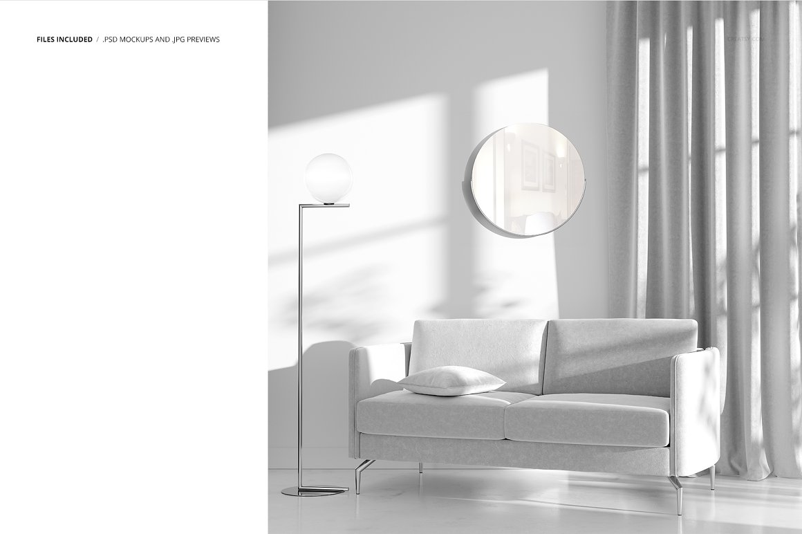 室内设计墙壁窗帘扶手沙发场景展示样机PSD模板 Interi
