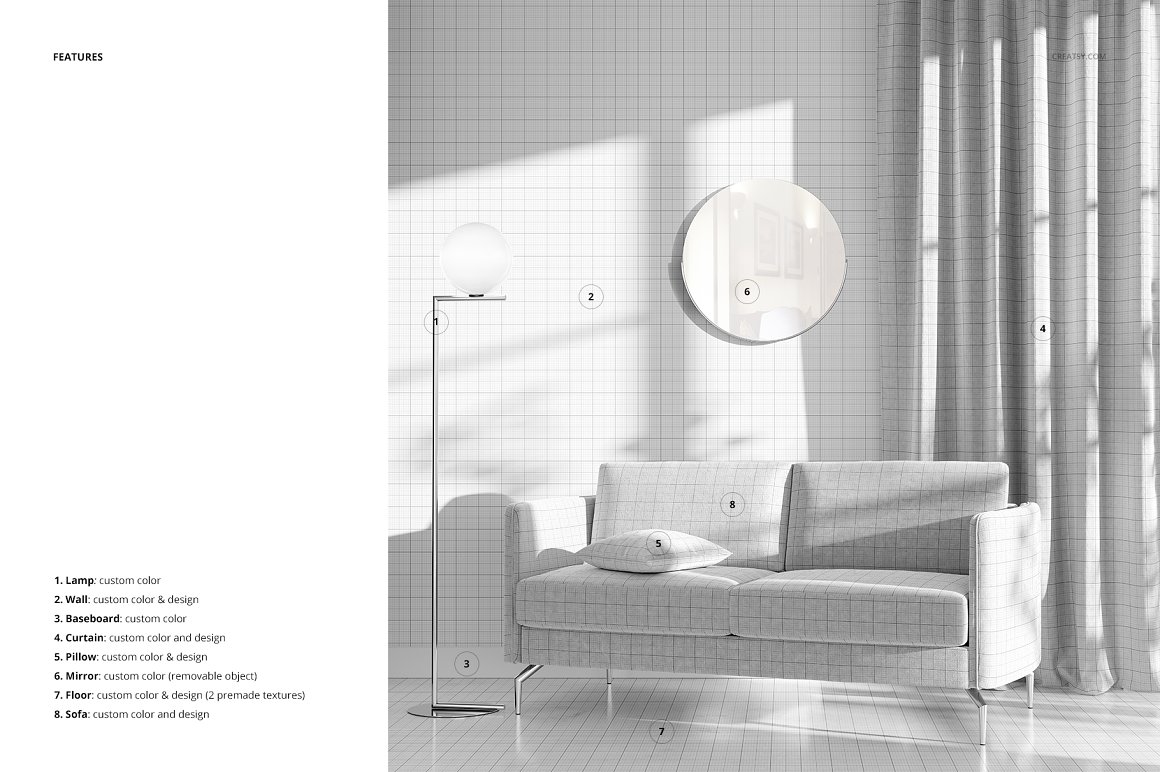 室内设计墙壁窗帘扶手沙发场景展示样机PSD模板 Interi