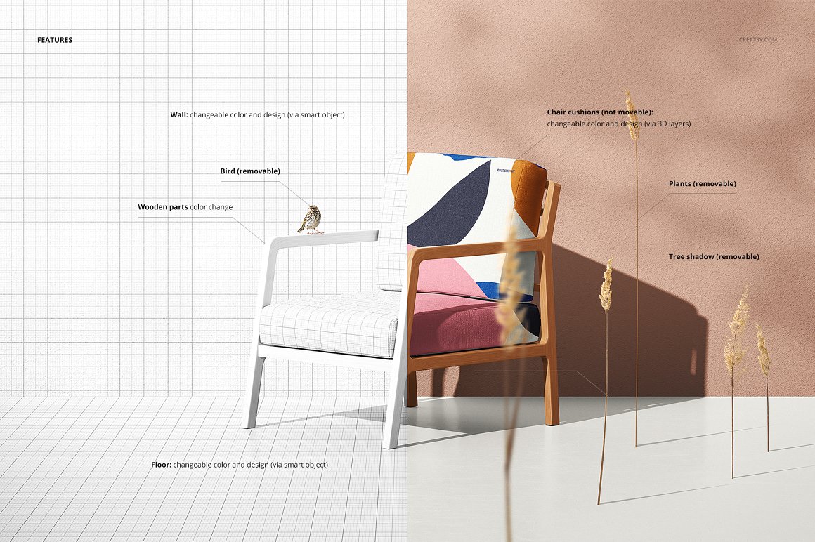 户外度假村民宿休闲椅设计提案样机PSD模板 Lounge C