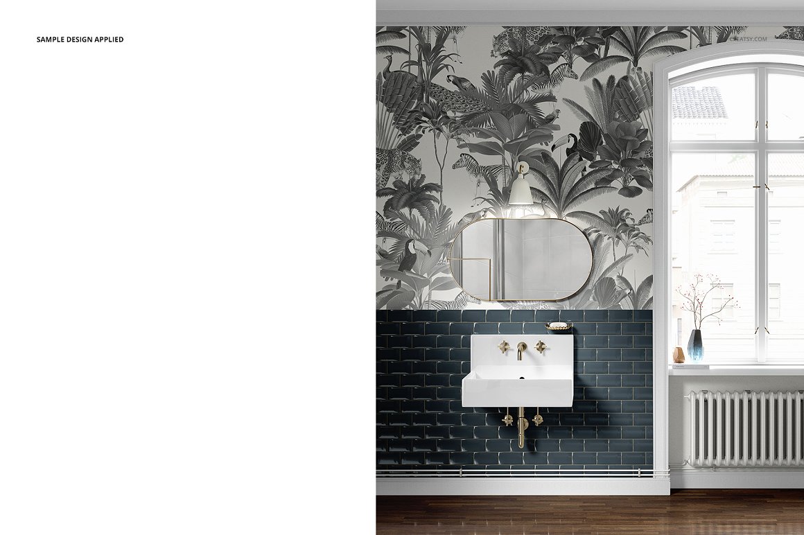 浴室卫生间室内设计洗手台瓷砖场景设计样机模板 Vintage