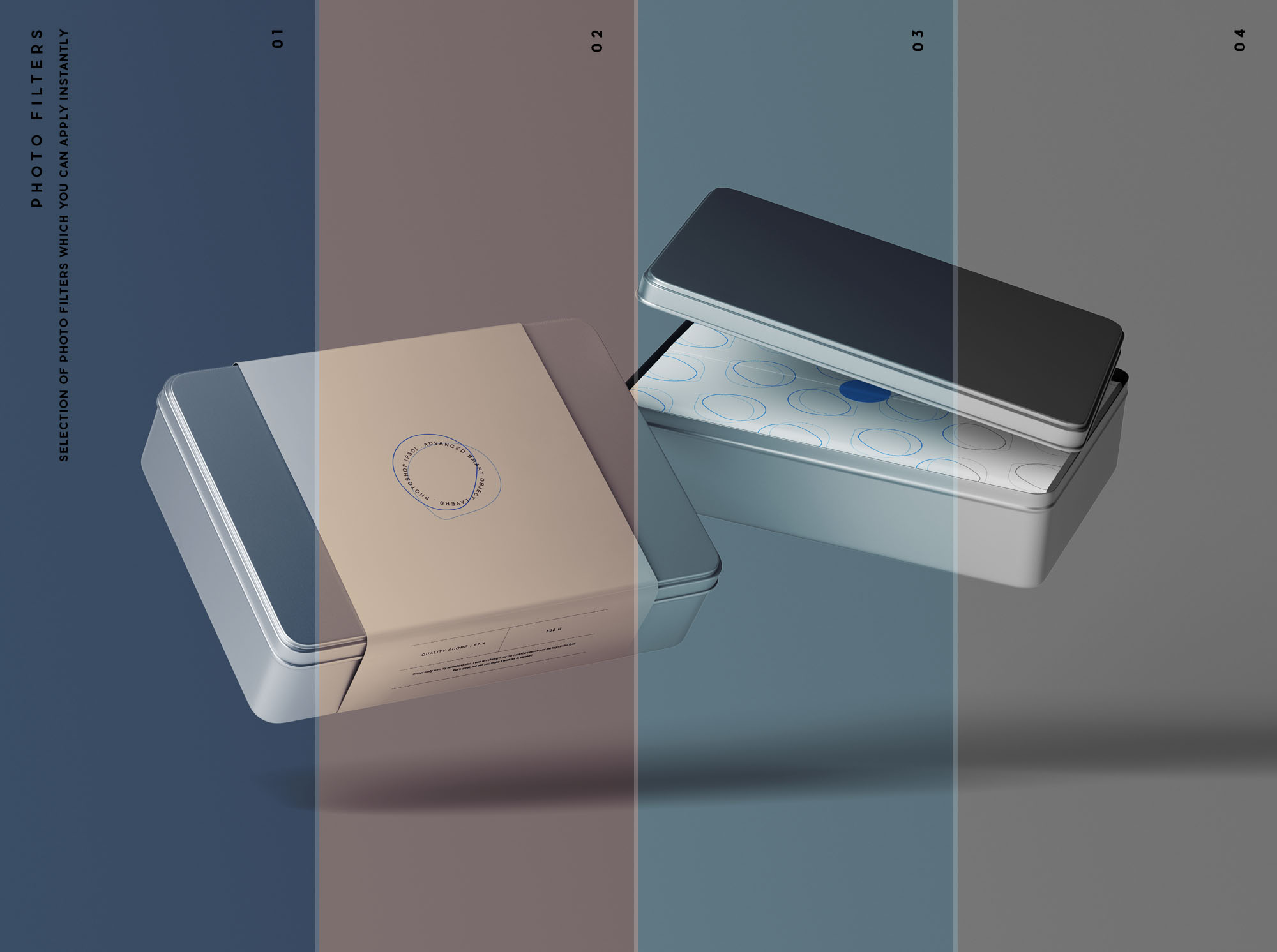 金属盒子产品包装设计贴图样机PSD模板 Metal Box