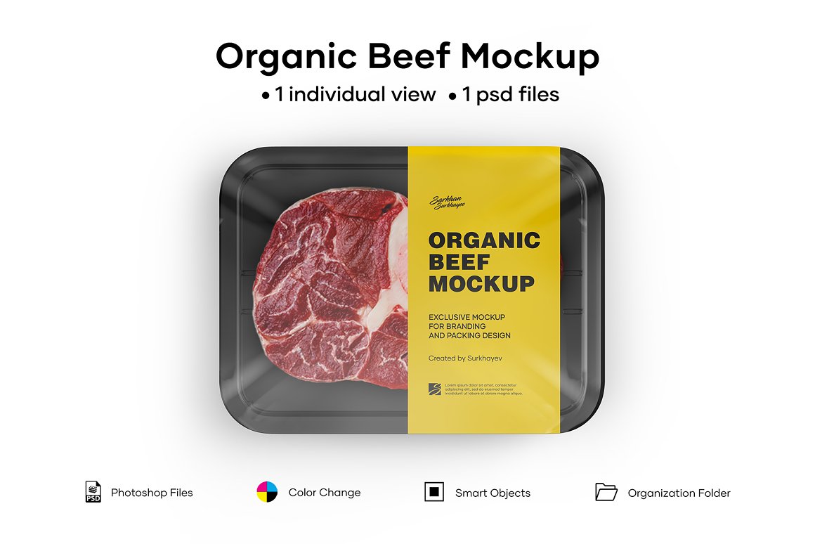有机牛肉猪肉塑料食品包装盒设计样机PSD模板 Plastic