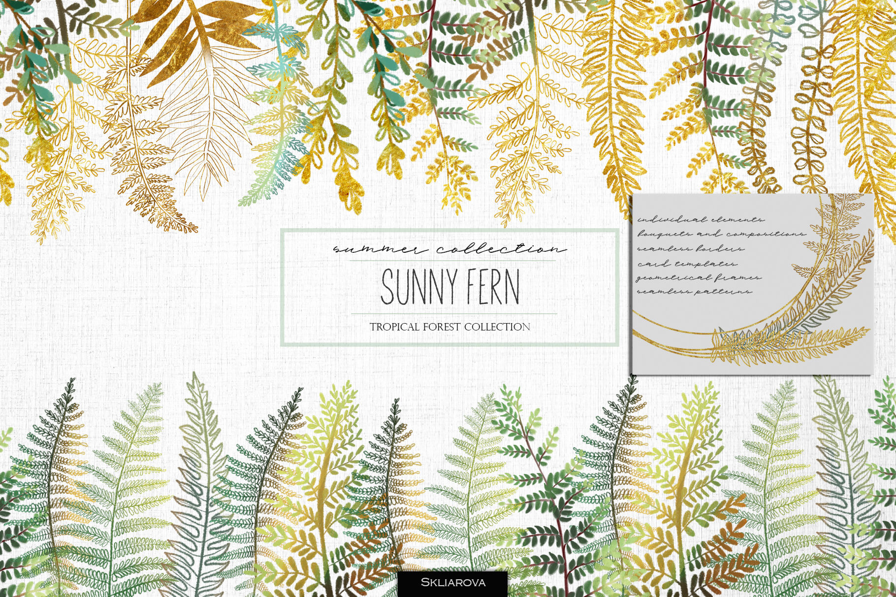 水彩手绘盛夏热带森林蕨菜树叶剪贴画素材 Sunny fern