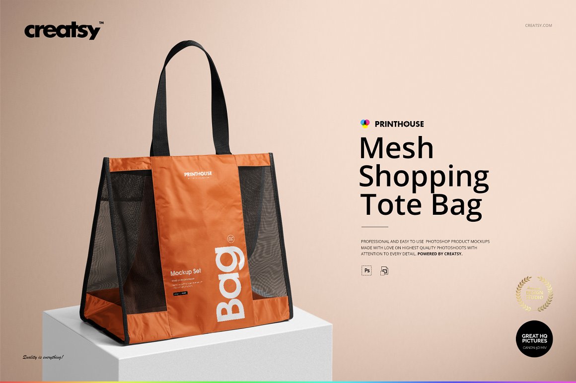 网眼透明无纺布购物手提袋包装设计样机PSD模板 Mesh S