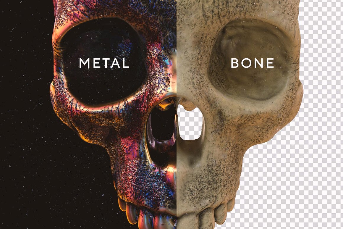 108张超高精度酷炫3D渲染金属质感骷髅头盖骨PNG免抠图