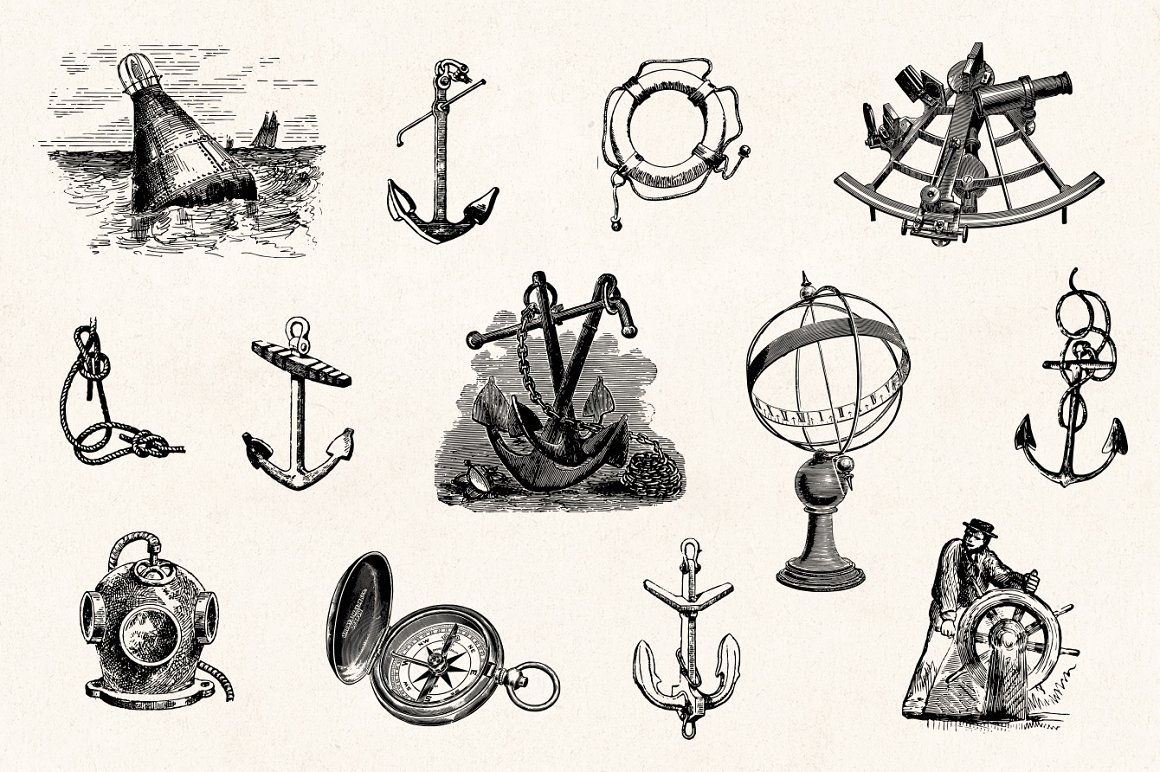 复古航海海洋生物帆船元素雕刻剪贴画矢量插画素材 Nautic