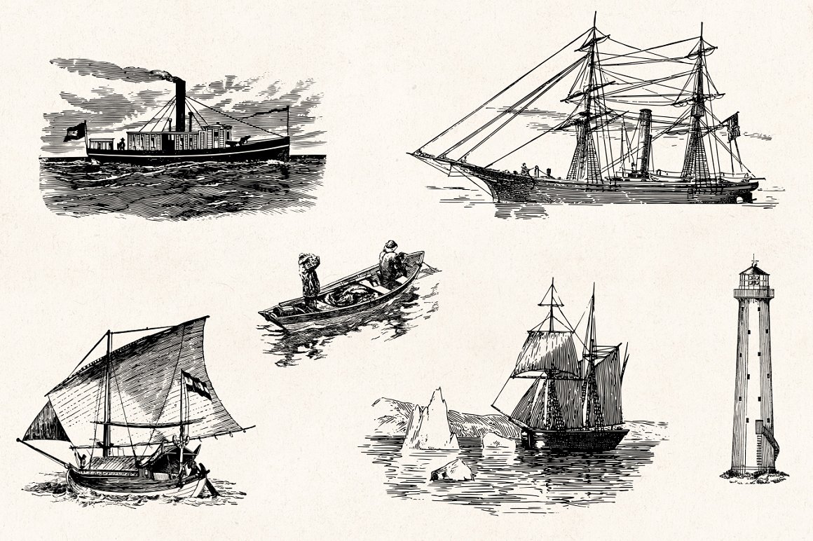 复古航海海洋生物帆船元素雕刻剪贴画矢量插画素材 Nautic