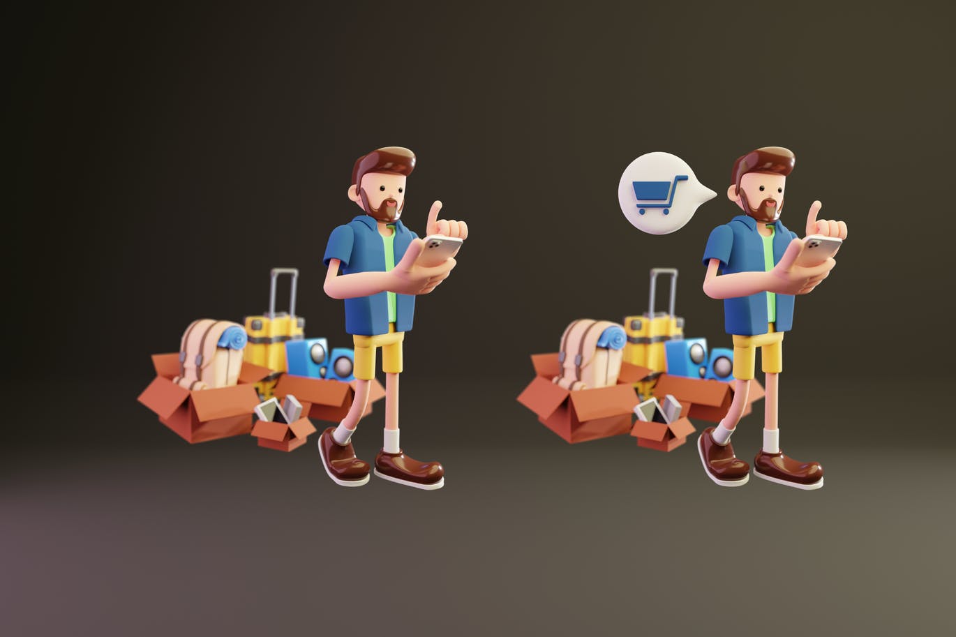 高质量三维渲染在线购物的男性角色3D插画素材 3D Shop