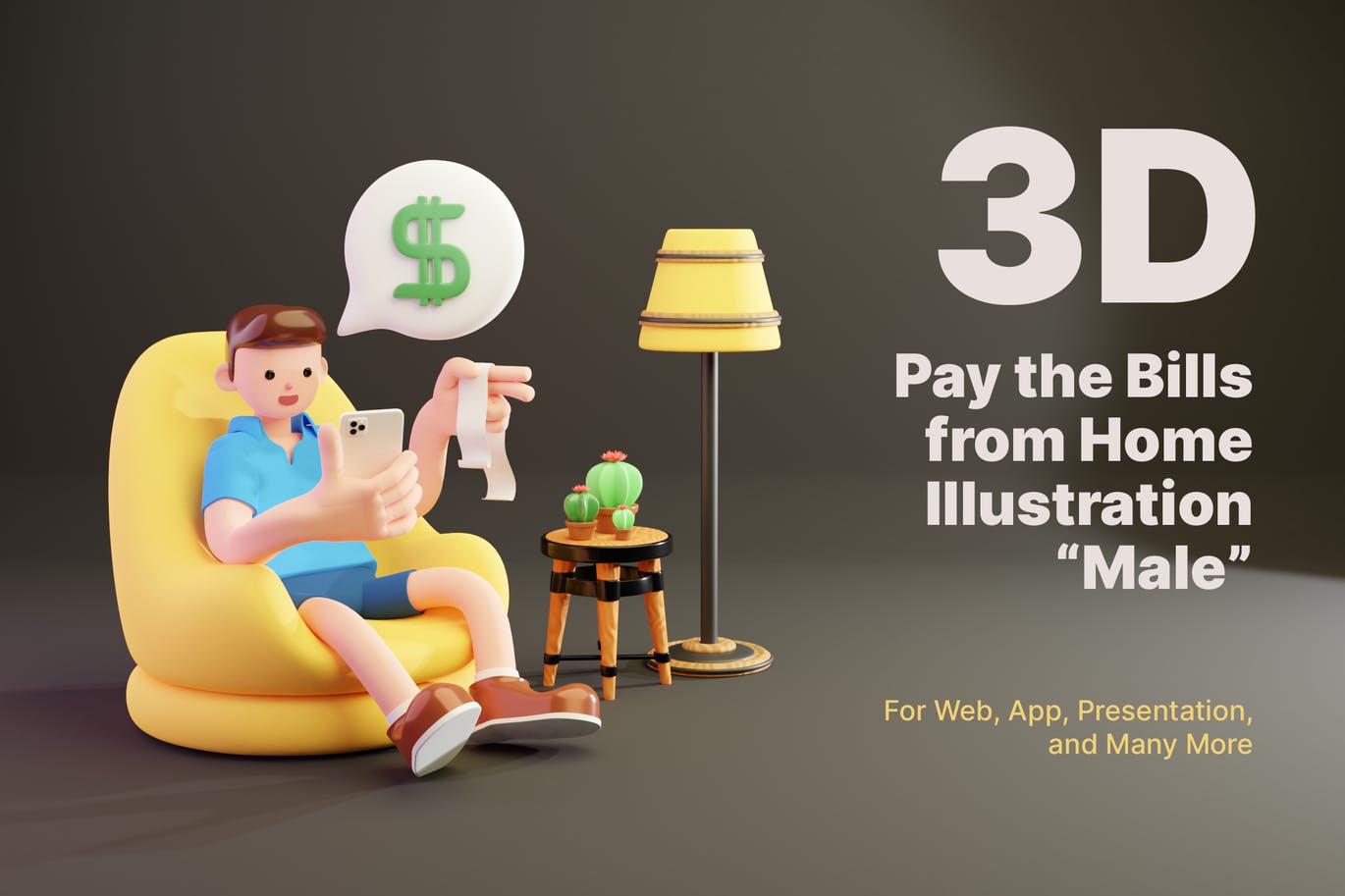 三维渲染在线购物手机支付的男性角色3D插画素材 3D Pay