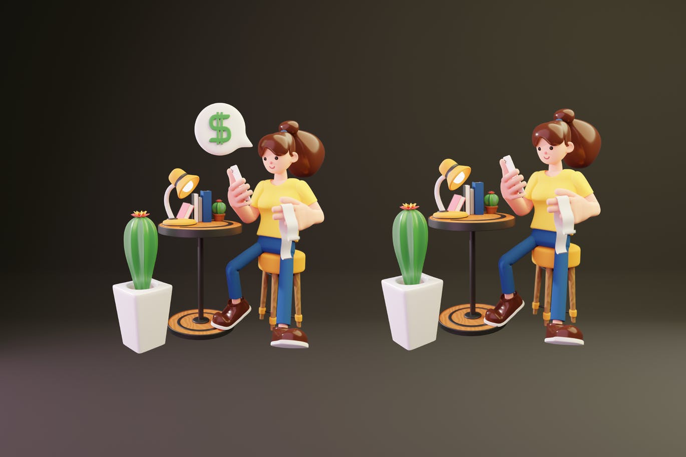 三维渲染在线购物手机支付的女性角色3D插画素材 3D Pay