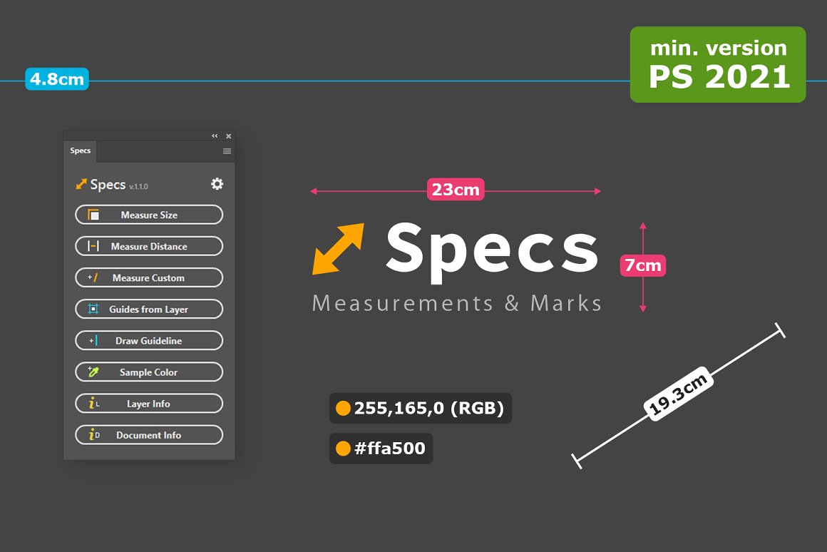 PS快速尺寸距离测量颜色文本信息标记扩展插件 Specs -