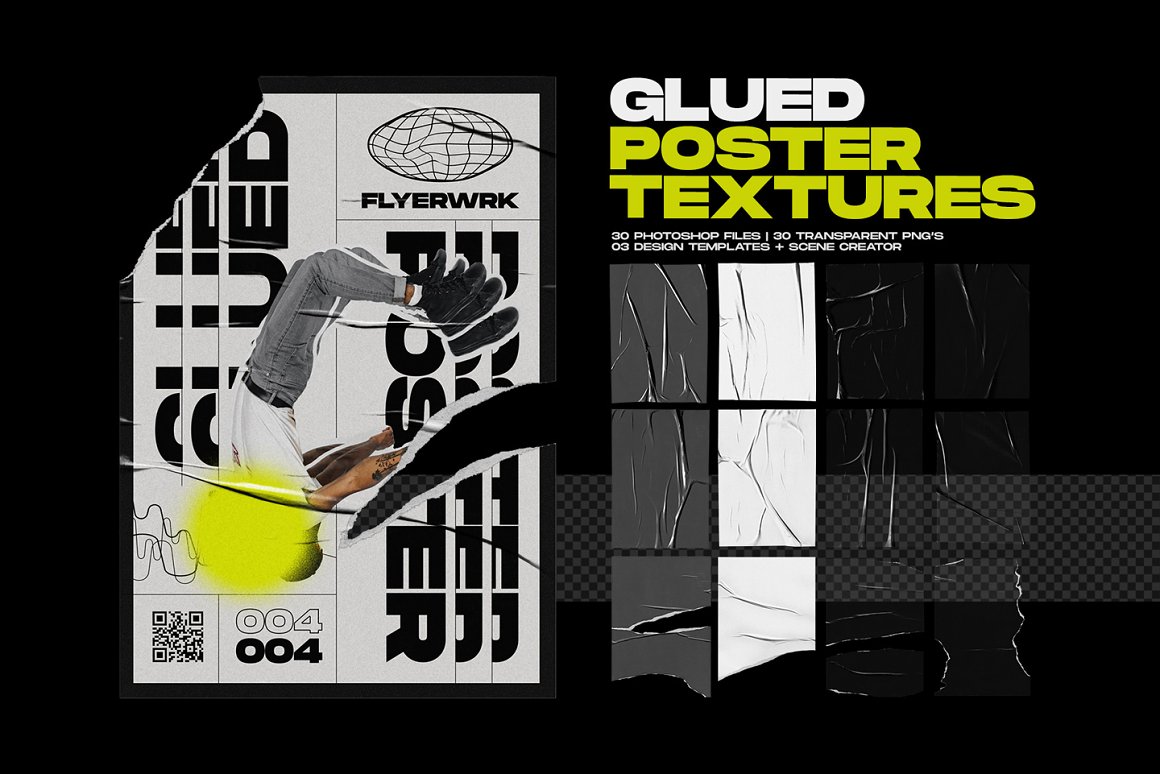 潮流酸性艺术颓废风垃圾摇滚褶皱海报设计展示样机PSD模板 G