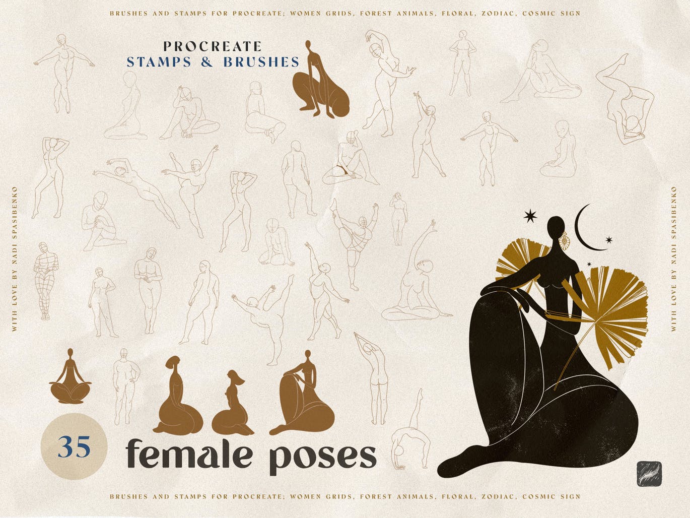女性瑜伽曲线柔美姿势抽象线稿动物植物画笔套装 Genuine