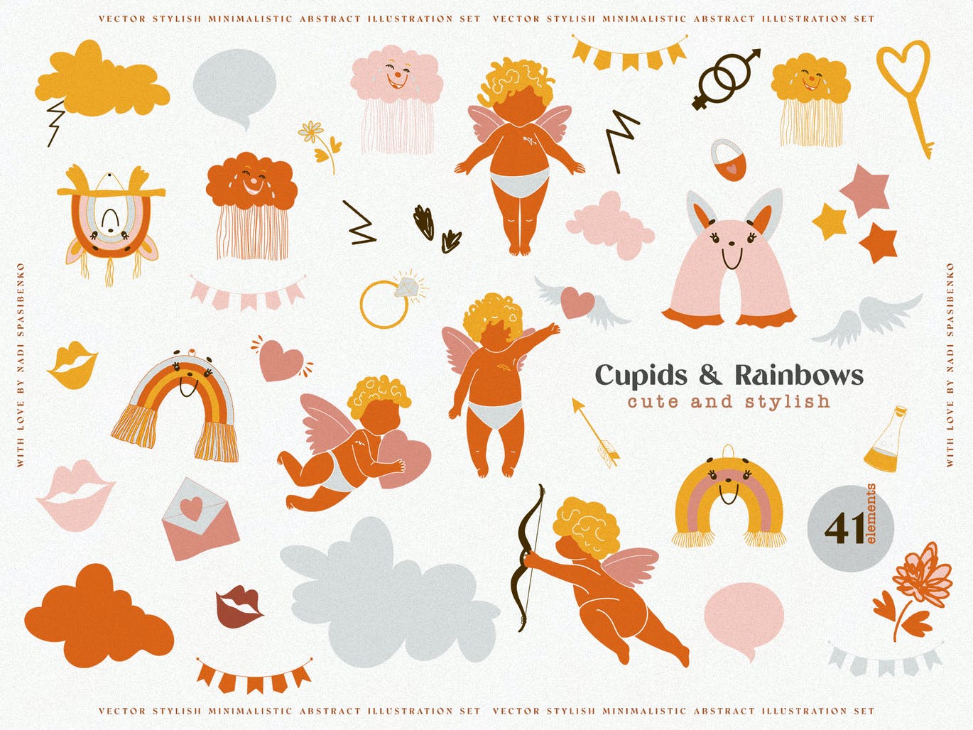 可爱的丘比特翅膀彩虹元素儿童插画图案合辑 Cupids &a
