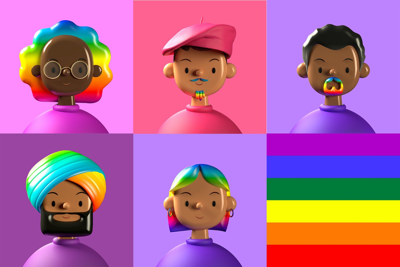 彩虹装饰卡通人物头像表情插图素材 Pride Charact