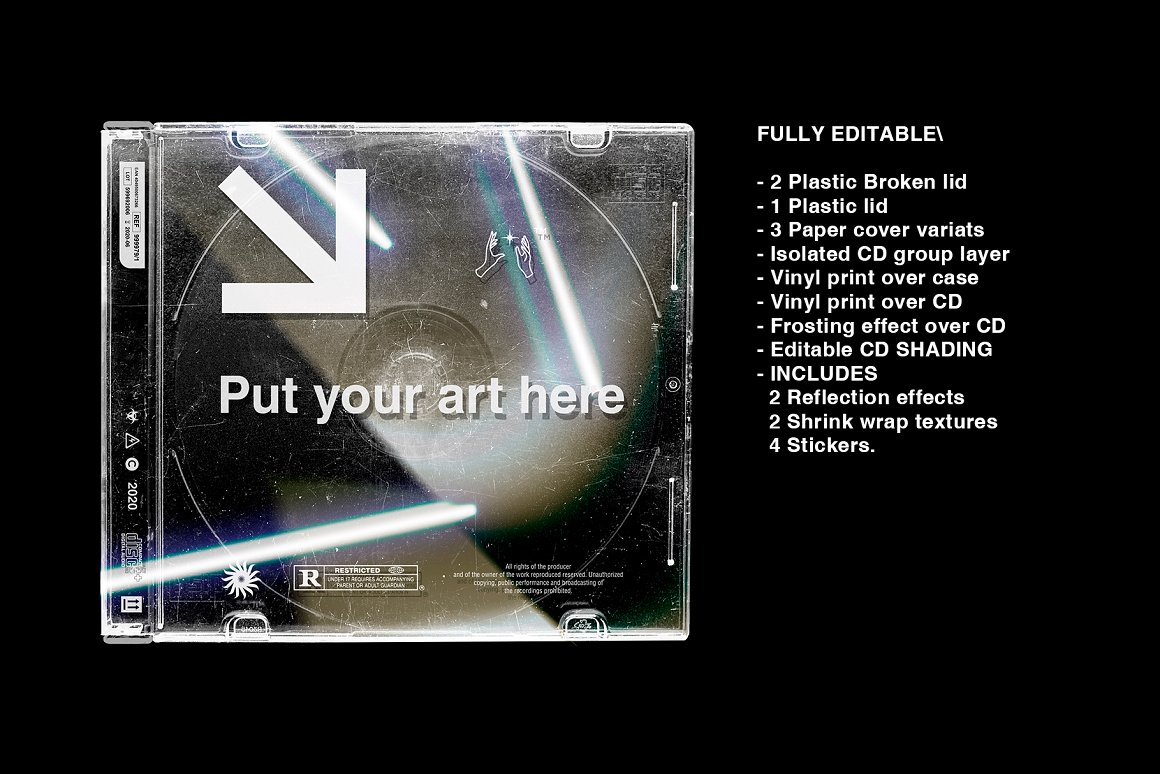 复古磨损做旧音乐专辑CD封面塑料包装设计展示样机PSD模板