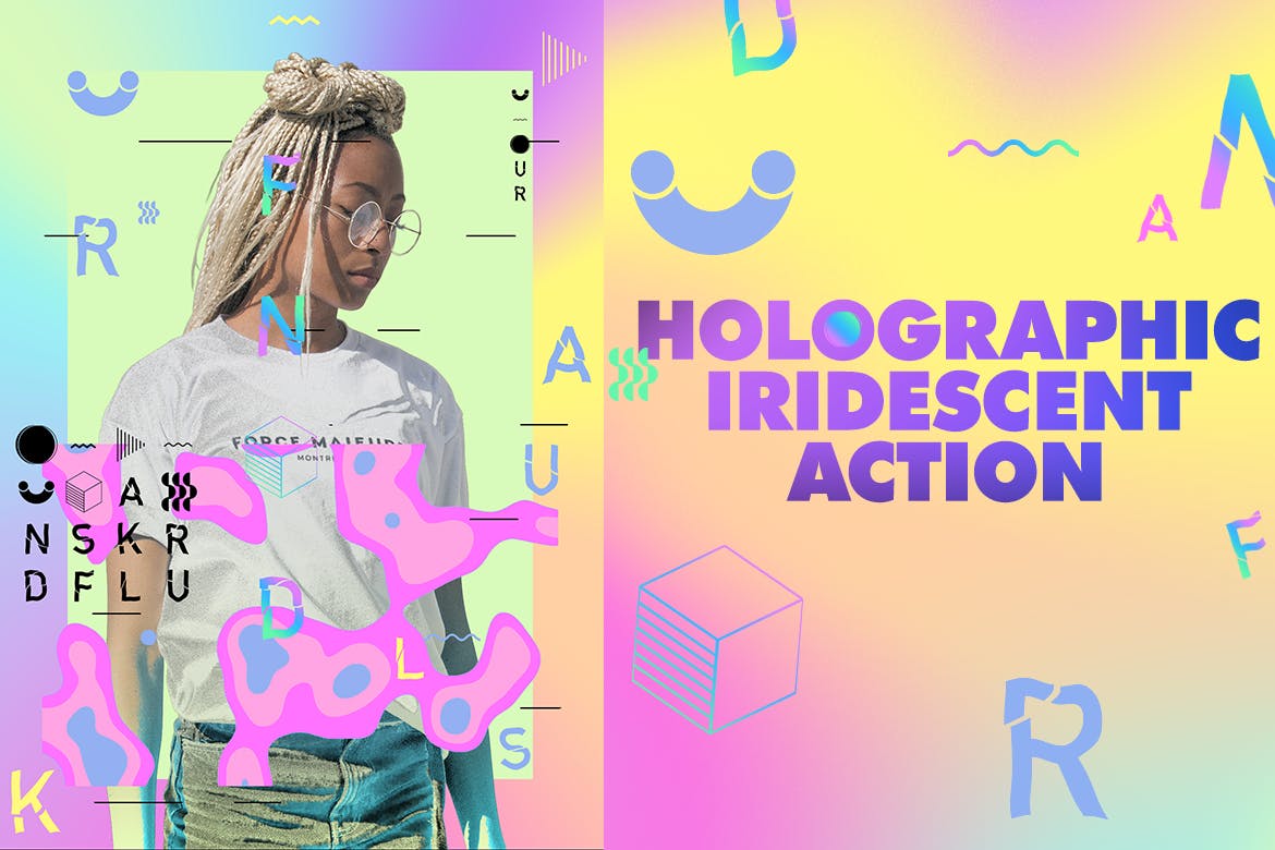 抽象全息艺术彩虹几何形状随机生成PS动作素材 Hologra
