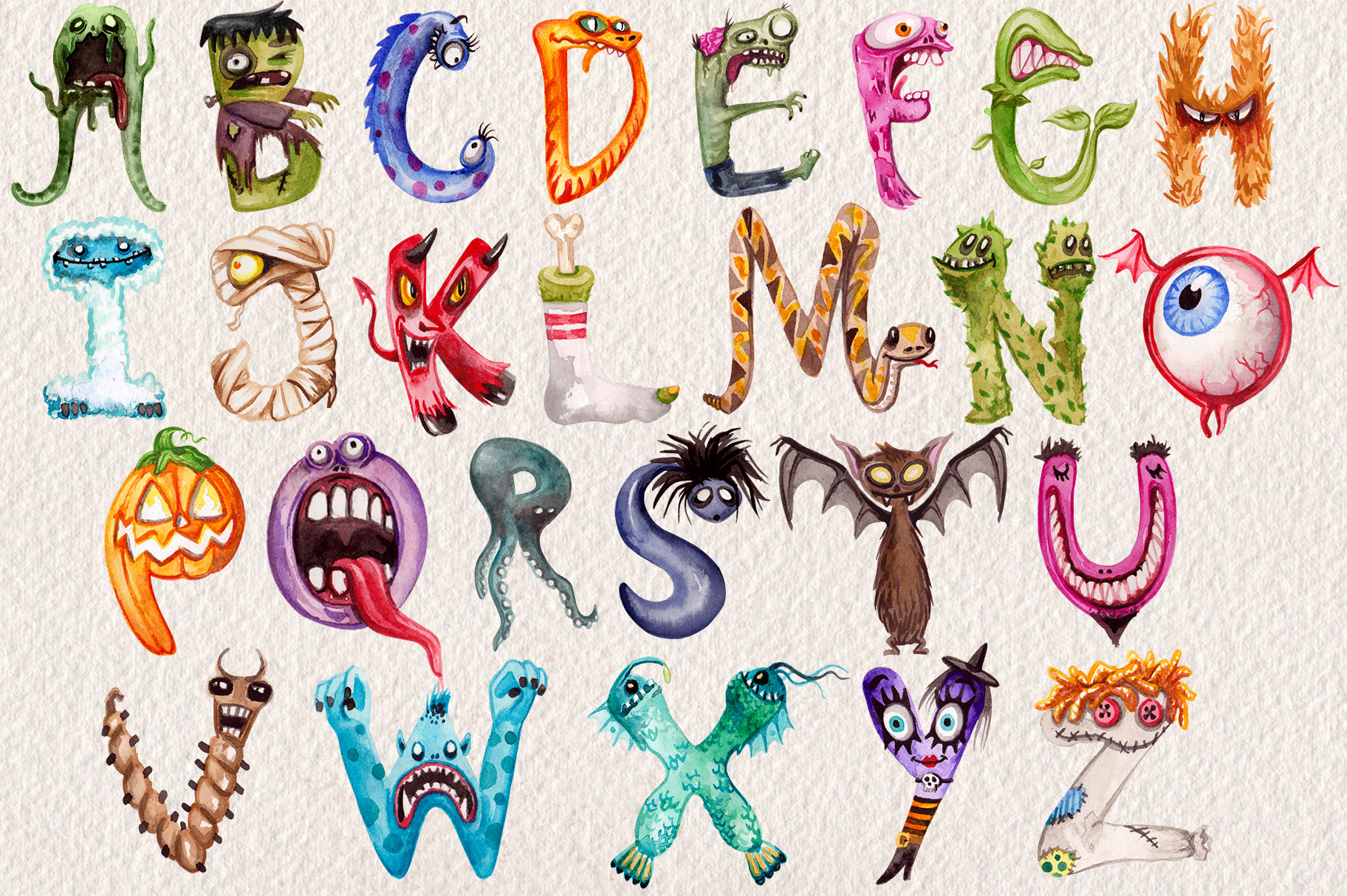 26个水彩手绘怪物字母剪贴画插图合集包 Watercolor